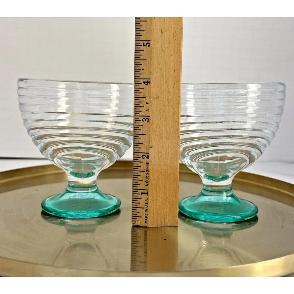 Dessert Cups Ribbed Footed Aqua Stem Sherbet Glasses Vintage Glassware Set of 2